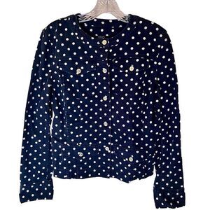 Chaps Denim Polka Dot Jean Jacket Ladies Sz Medium  Blue White Collarless